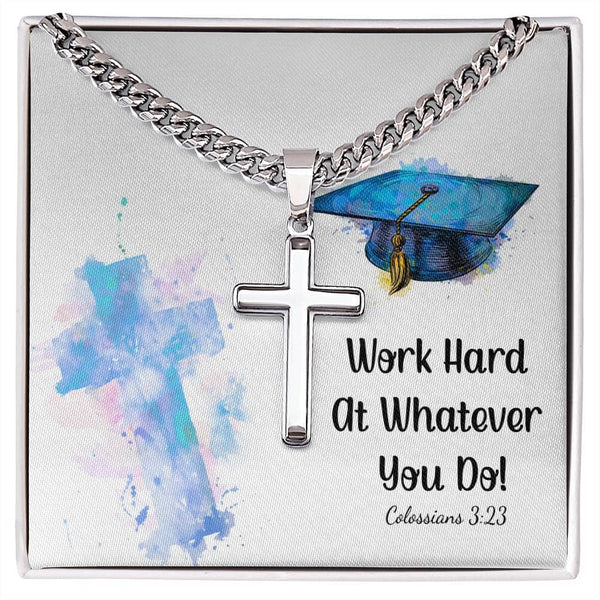 Empowered Faith: Artisan Cross Necklace with Inspirational Colossians 3:23 Message Jewelry/CubanlinkCross ShineOn Fulfillment 