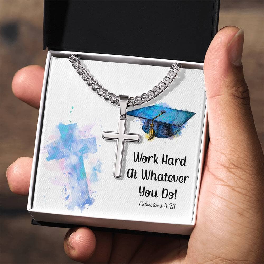 Empowered Faith: Artisan Cross Necklace with Inspirational Colossians 3:23 Message Jewelry/CubanlinkCross ShineOn Fulfillment Two Tone Box 
