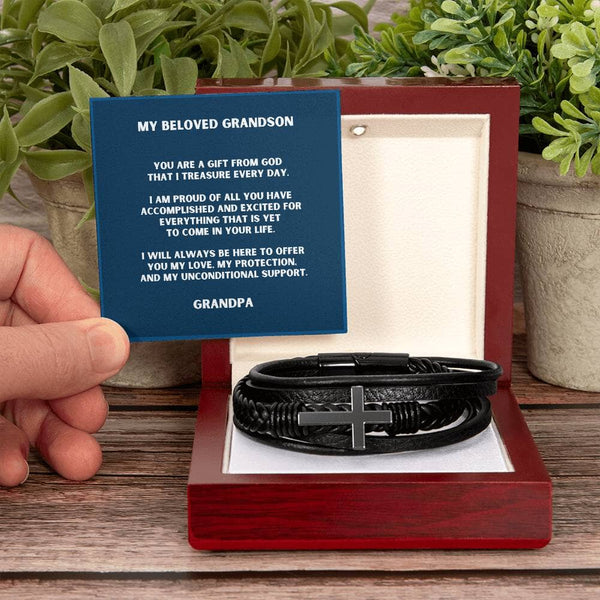 Eternal Bond: Grandparent's Blessing Cross Leather Bracelet Jewelry/CrossLeatherBracelet ShineOn Fulfillment Luxury Box with LED