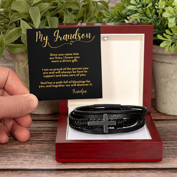 Eternal Bond: Grandparent's Blessing Men's Cross Leather Bracelet Jewelry/CrossLeatherBracelet ShineOn Fulfillment Luxury Box with LED 