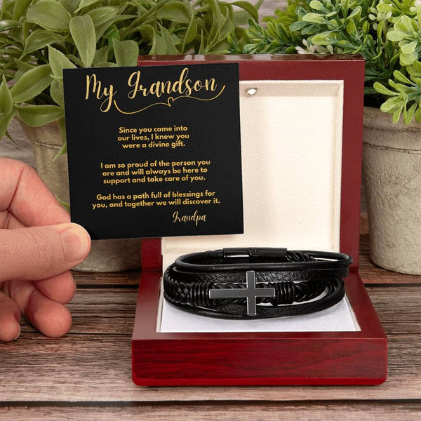 Eternal Bond: Grandparent's Blessing Men's Cross Leather Bracelet Jewelry/CrossLeatherBracelet ShineOn Fulfillment Luxury Box with LED
