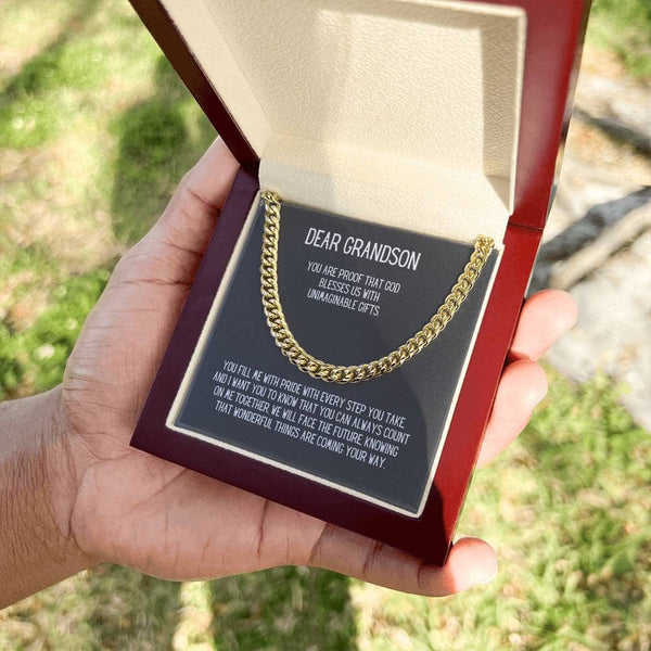Eternal Bond: Grandson's Cuban Link Chain with Personalized Sentimental Message Jewelry/CubanlinkCross ShineOn Fulfillment 14K Yellow Gold Finish Luxury Box 