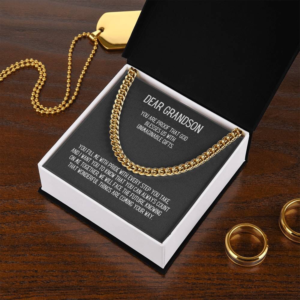 Eternal Bond: Grandson's Cuban Link Chain with Personalized Sentimental Message Jewelry/CubanlinkCross ShineOn Fulfillment 14K Yellow Gold Finish Standard Box 