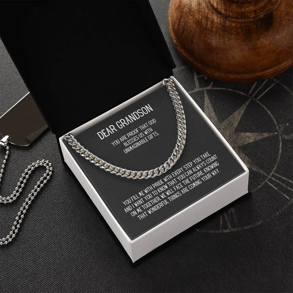 Eternal Bond: Grandson's Cuban Link Chain with Personalized Sentimental Message Jewelry/CubanlinkCross ShineOn Fulfillment Stainless Steel Standard Box 