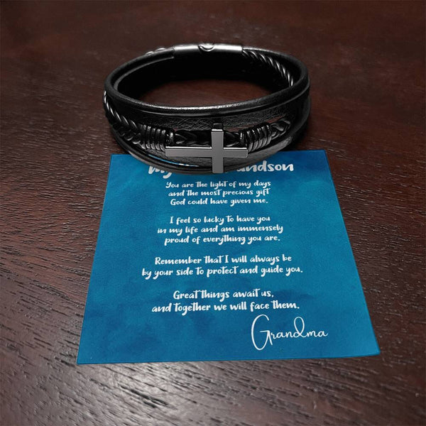 Eternal Bond: Grandson's Leather Cross Bracelet with Personalized Message of Love Jewelry/CrossLeatherBracelet ShineOn Fulfillment 