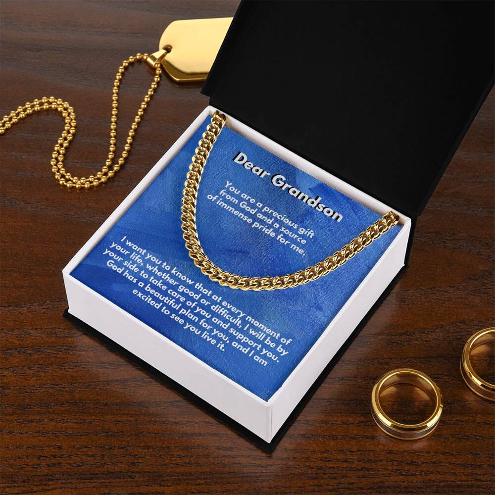 Eternal Bond: Grandson's Timeless Cuban Link Chain with Personalized Message from [Grandma or Grandpa] Jewelry/Cubanlink ShineOn Fulfillment 14K Yellow Gold Finish Standard Box 