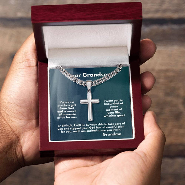 Eternal Bond of Love: Grandparent to Grandson Artisan Cross Necklace with Sentimental Message Jewelry/CubanlinkCross ShineOn Fulfillment Luxury Box w/LED 