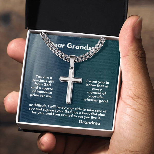 Eternal Bond of Love: Grandparent to Grandson Artisan Cross Necklace with Sentimental Message Jewelry/CubanlinkCross ShineOn Fulfillment Two Tone Box