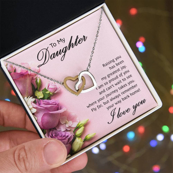 Eternal Bond: The Heartfelt Sentiments Necklace - A Gleaming Symbol of Your Love and Pride for Your Daughter Jewelry/InterlockingHearts ShineOn Fulfillment Polished Stainless Steel & Rose Gold Finish Standard Box 