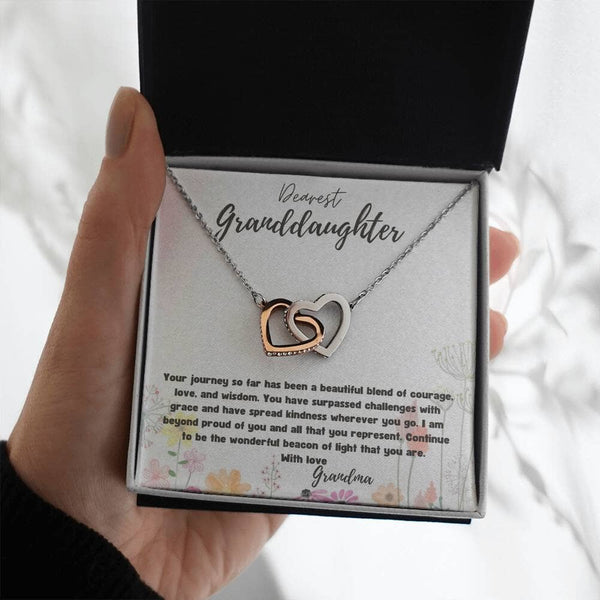 Everlasting Bond: Interlocking Hearts Necklace with Personalized Grandparent Message Jewelry/InterlockingHearts ShineOn Fulfillment Polished Stainless Steel & Rose Gold Finish Standard Box 