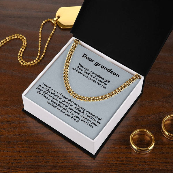 Everlasting Bond: Personalized Grandparent to Grandson Cuban Link Chain Necklace with Heartfelt Message Jewelry/Cubanlink ShineOn Fulfillment 14K Yellow Gold Finish Standard Box