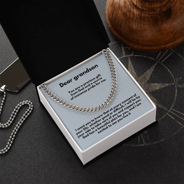 Everlasting Bond: Personalized Grandparent to Grandson Cuban Link Chain Necklace with Heartfelt Message Jewelry/Cubanlink ShineOn Fulfillment Stainless Steel Standard Box 