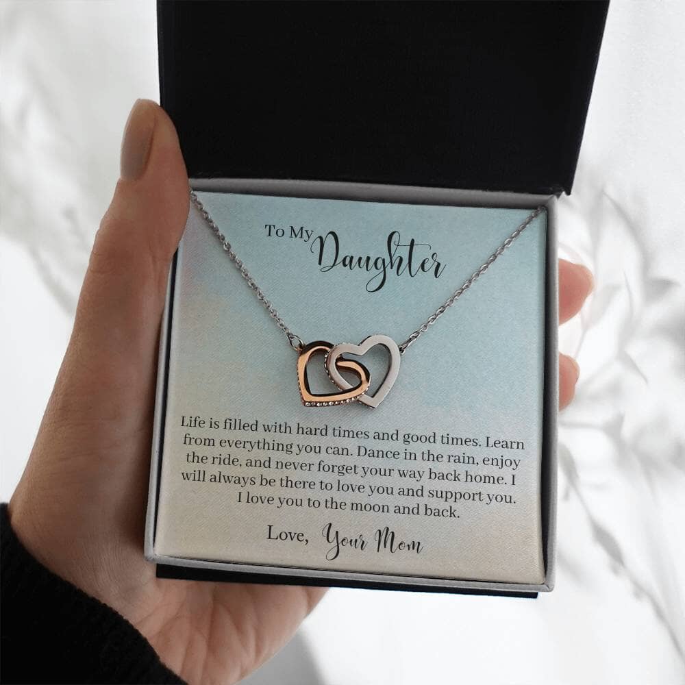 Everlasting Embrace: Interlocking Hearts Necklace with Sentimental Mother to Daughter Message Jewelry/InterlockingHearts ShineOn Fulfillment Polished Stainless Steel & Rose Gold Finish Standard Box 