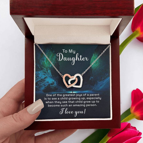 Forever Bond: The Interlocking Hearts Daughter Necklace with Sentimental Message Jewelry/InterlockingHearts ShineOn Fulfillment Polished Stainless Steel & Rose Gold Finish Luxury Box 