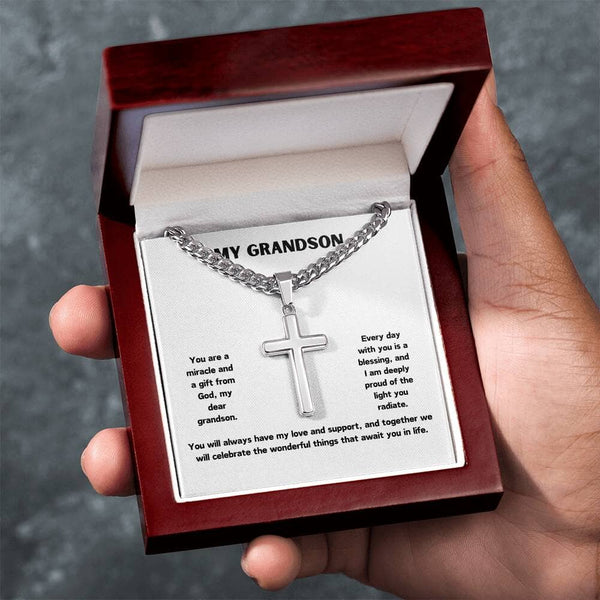 Grandchild's Blessing: Artisan Cross Necklace with Heartfelt Grandparent Message Jewelry/CubanlinkCross ShineOn Fulfillment Luxury Box w/LED 