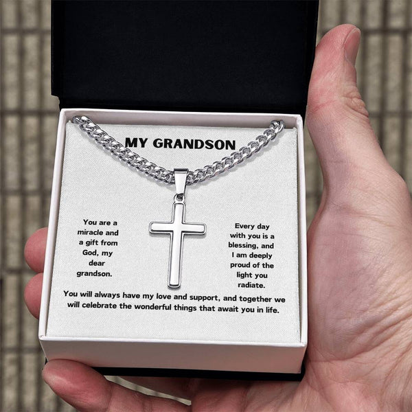 Grandchild's Blessing: Artisan Cross Necklace with Heartfelt Grandparent Message Jewelry/CubanlinkCross ShineOn Fulfillment Two Tone Box