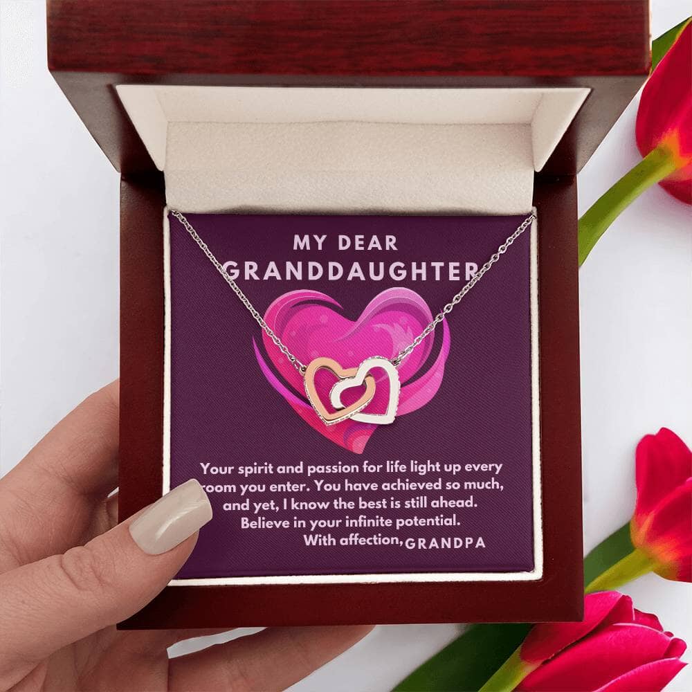 Grandeur of Love: Personalized Interlocking Hearts Necklace with Sentimental Grandparent Message Jewelry/InterlockingHearts ShineOn Fulfillment Polished Stainless Steel & Rose Gold Finish Luxury Box 