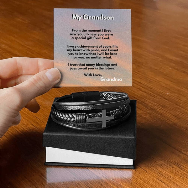 Grandparent's Blessing: Men's Cross Leather Bracelet with Personalized Sentimental Message Jewelry/CrossLeatherBracelet ShineOn Fulfillment 