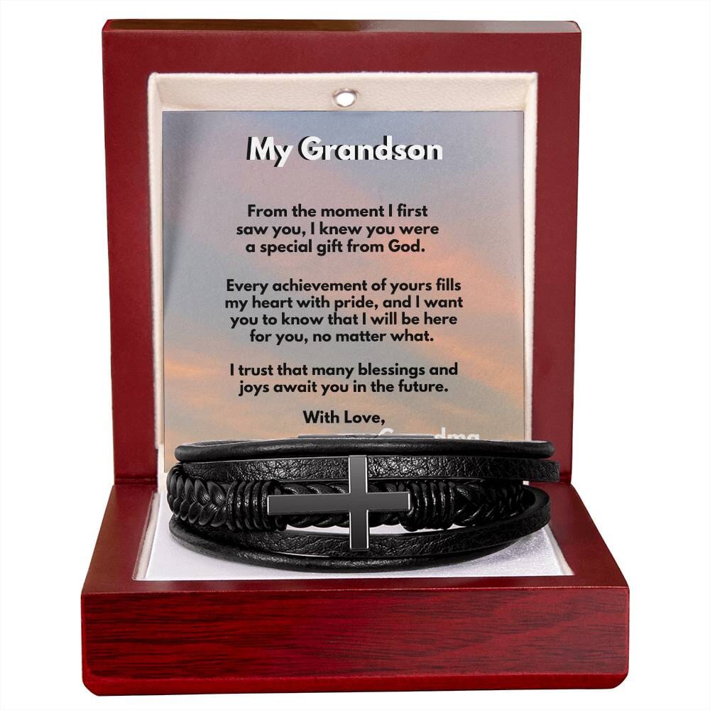Grandparent's Blessing: Men's Cross Leather Bracelet with Personalized Sentimental Message Jewelry/CrossLeatherBracelet ShineOn Fulfillment 