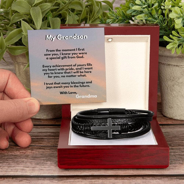 Grandparent's Blessing: Men's Cross Leather Bracelet with Personalized Sentimental Message Jewelry/CrossLeatherBracelet ShineOn Fulfillment Luxury Box with LED 