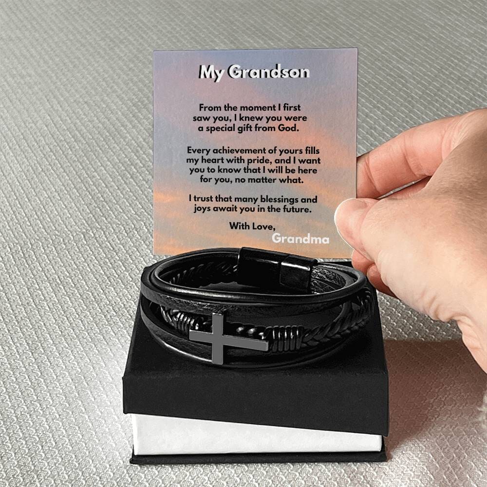 Grandparent's Blessing: Men's Cross Leather Bracelet with Personalized Sentimental Message Jewelry/CrossLeatherBracelet ShineOn Fulfillment Standard Box 