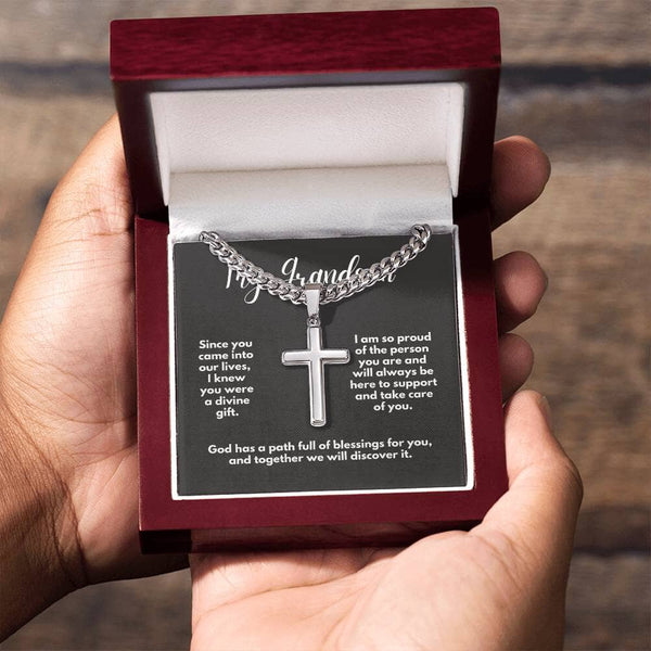 Grandparent's Blessing: Personalized Artisan Cross Necklace with Heartfelt Message Jewelry/CubanlinkCross ShineOn Fulfillment Luxury Box w/LED