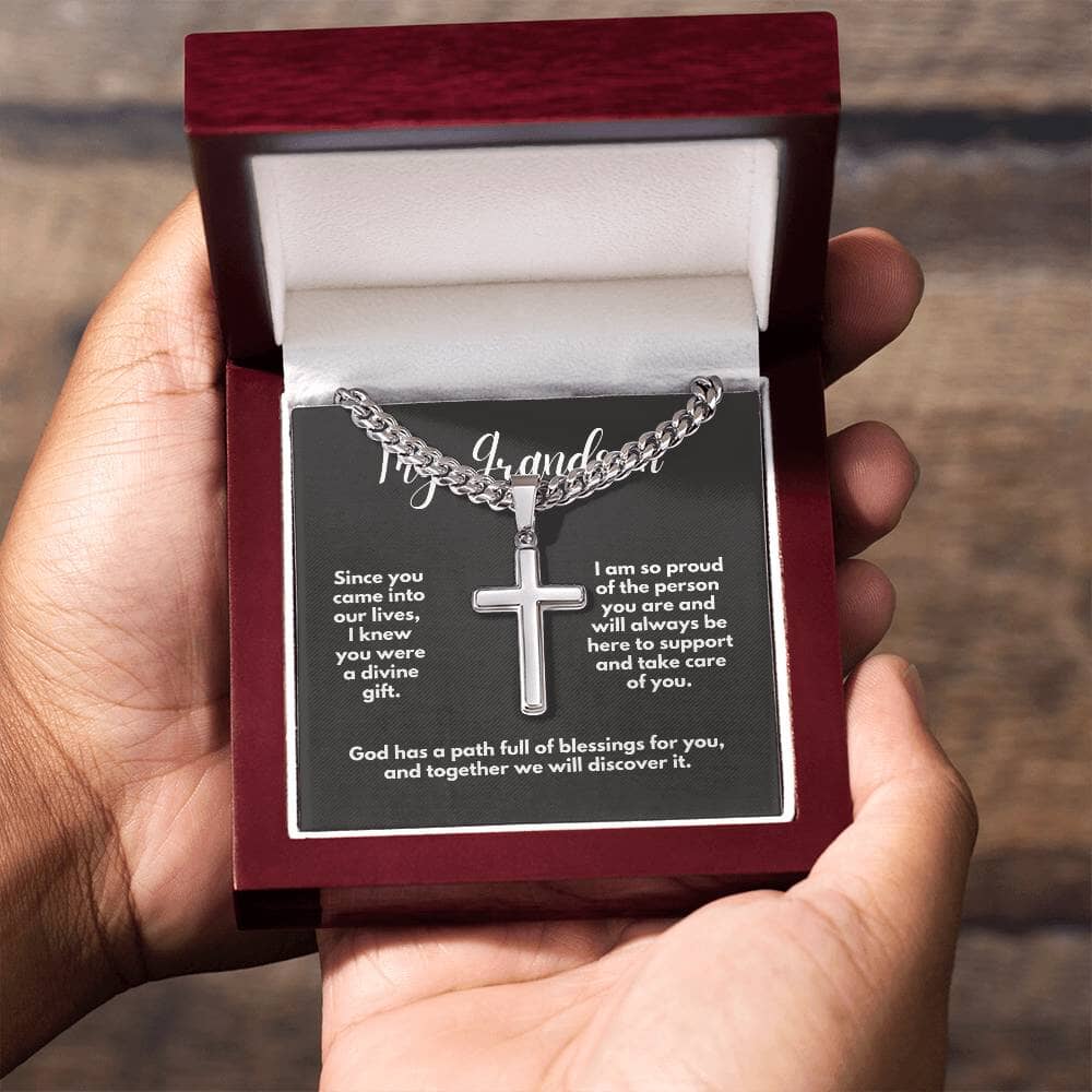 Grandparent's Blessing: Personalized Artisan Cross Necklace with Heartfelt Message Jewelry/CubanlinkCross ShineOn Fulfillment Luxury Box w/LED 