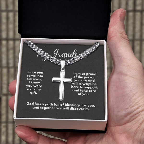 Grandparent's Blessing: Personalized Artisan Cross Necklace with Heartfelt Message Jewelry/CubanlinkCross ShineOn Fulfillment Two Tone Box 