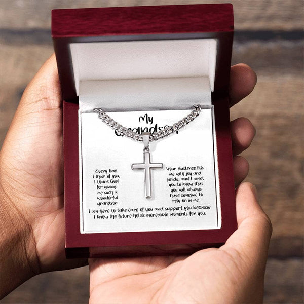 Grandparent's Embrace: Personalized Artisan Cross Necklace with Heartfelt Message Jewelry/CubanlinkCross ShineOn Fulfillment Luxury Box w/LED 