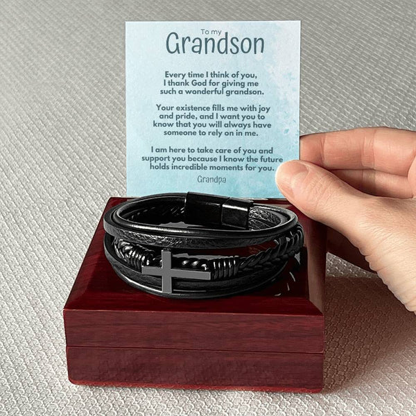 Grandparent's Eternal Bond: Personalized Cross Leather Bracelet for Grandson Jewelry/CrossLeatherBracelet ShineOn Fulfillment 