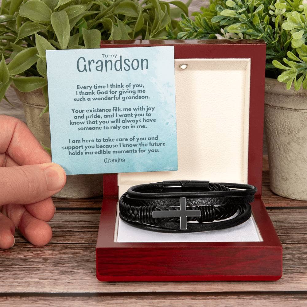 Grandparent's Eternal Bond: Personalized Cross Leather Bracelet for Grandson Jewelry/CrossLeatherBracelet ShineOn Fulfillment Luxury Box with LED 