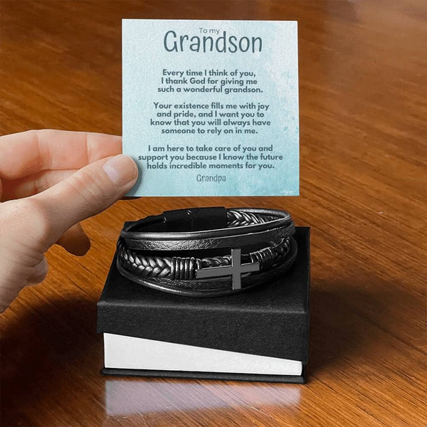 Grandparent's Eternal Bond: Personalized Cross Leather Bracelet for Grandson Jewelry/CrossLeatherBracelet ShineOn Fulfillment Standard Box 