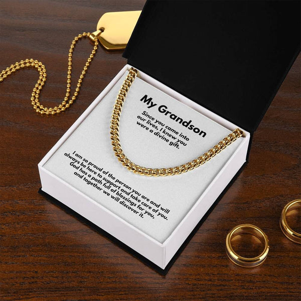 Grandparent's Eternal Love Necklace: A Personalized Cuban Link Chain with Heartfelt Message Jewelry/Cubanlink ShineOn Fulfillment 14K Yellow Gold Finish Standard Box 