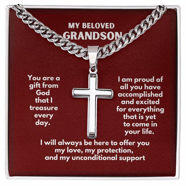 Grandson's Guardian Angel: Personalized Artisan Cross Necklace with Sentimental Message Jewelry/CubanlinkCross ShineOn Fulfillment 