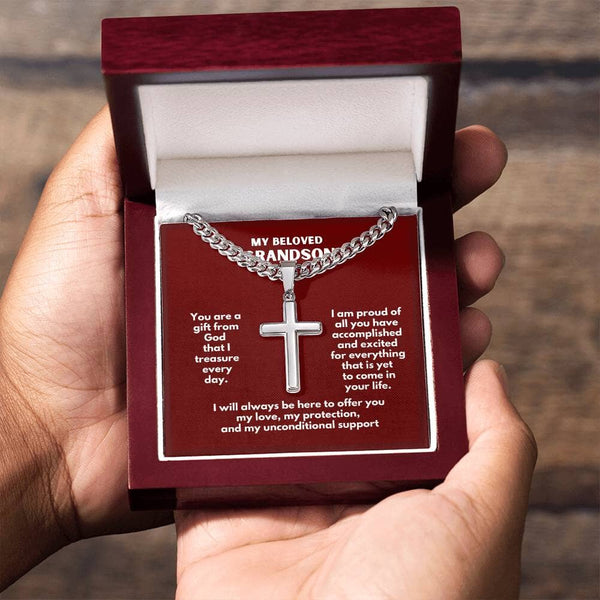 Grandson's Guardian Angel: Personalized Artisan Cross Necklace with Sentimental Message Jewelry/CubanlinkCross ShineOn Fulfillment Luxury Box w/LED 