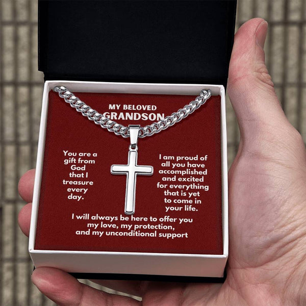Grandson's Guardian Angel: Personalized Artisan Cross Necklace with Sentimental Message Jewelry/CubanlinkCross ShineOn Fulfillment Two Tone Box 