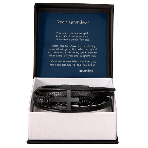 Grandson's Guardian Cross: A Personalized Vegan Leather Bracelet with Heartfelt Message from Grandma or Grandpa Jewelry/CrossLeatherBracelet ShineOn Fulfillment