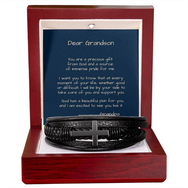Grandson's Guardian Cross: A Personalized Vegan Leather Bracelet with Heartfelt Message from Grandma or Grandpa Jewelry/CrossLeatherBracelet ShineOn Fulfillment 