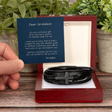 Grandson's Guardian Cross: A Personalized Vegan Leather Bracelet with Heartfelt Message from Grandma or Grandpa Jewelry/CrossLeatherBracelet ShineOn Fulfillment Luxury Box with LED 