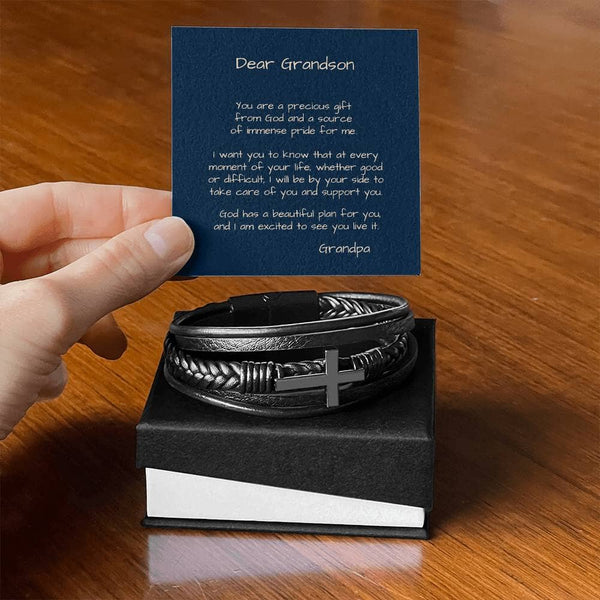 Grandson's Guardian Cross: A Personalized Vegan Leather Bracelet with Heartfelt Message from Grandma or Grandpa Jewelry/CrossLeatherBracelet ShineOn Fulfillment Standard Box