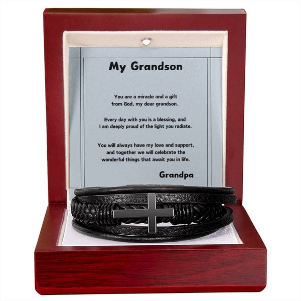 Grandson's Legacy Cross Bracelet: A Personalized Symbol of Love & Guidance Jewelry/CrossLeatherBracelet ShineOn Fulfillment 