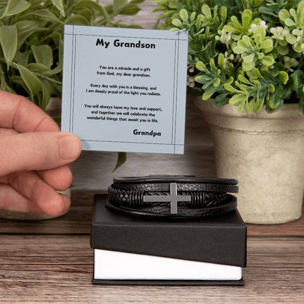 Grandson's Legacy Cross Bracelet: A Personalized Symbol of Love & Guidance Jewelry/CrossLeatherBracelet ShineOn Fulfillment Standard Box
