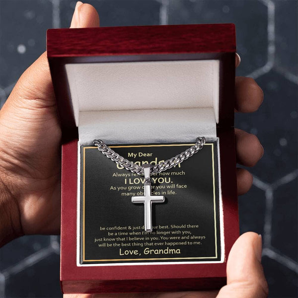 Grandson's Legacy of Love and Strength: Artisan Cross Necklace with Sentimental Message Jewelry/CubanlinkCross ShineOn Fulfillment Luxury Box w/LED 