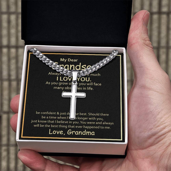 Grandson's Legacy of Love and Strength: Artisan Cross Necklace with Sentimental Message Jewelry/CubanlinkCross ShineOn Fulfillment Two Tone Box 