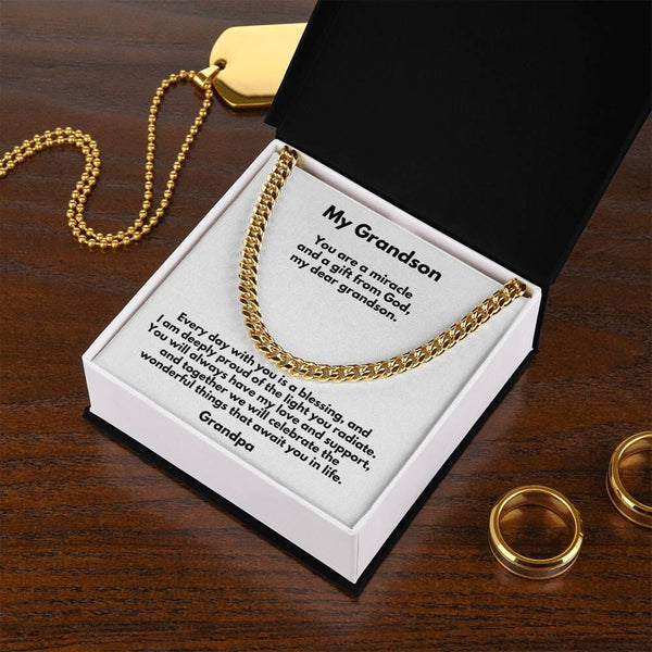 Grandson's Legacy of Love: Personalized Cuban Link Chain Necklace with Heartfelt Message Jewelry/Cubanlink ShineOn Fulfillment 14K Yellow Gold Finish Standard Box 