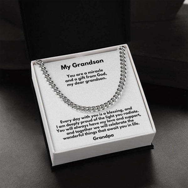 Grandson's Legacy of Love: Personalized Cuban Link Chain Necklace with Heartfelt Message Jewelry/Cubanlink ShineOn Fulfillment 