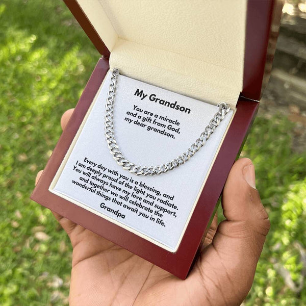 Grandson's Legacy of Love: Personalized Cuban Link Chain Necklace with Heartfelt Message Jewelry/Cubanlink ShineOn Fulfillment Stainless Steel Luxury Box 