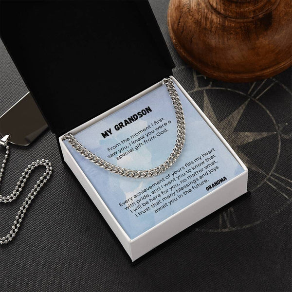 Legacy of Love: Grandson's Personalized Cuban Link Chain Necklace with Heartfelt Message Jewelry/Cubanlink ShineOn Fulfillment Stainless Steel Standard Box 