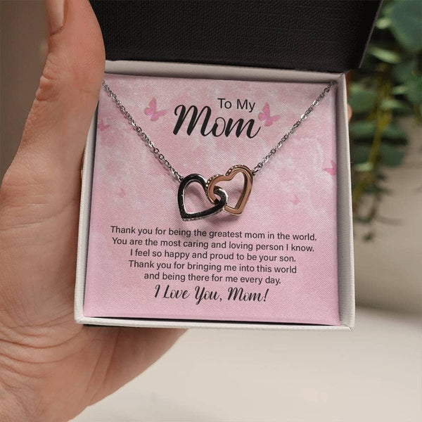 Unbreakable Bond: The Eternal Love Interlocking Hearts Necklace for Mom Jewelry/InterlockingHearts ShineOn Fulfillment Polished Stainless Steel & Rose Gold Finish Standard Box 
