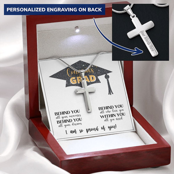 Congrats GRAD - I am so proud of you - Personalized Cross Necklace Jewelry ShineOn Fulfillment Mahogany Style Luxury Box (w/LED) 